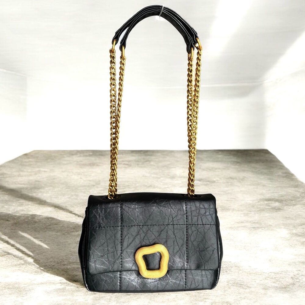 🆕 Songmont Small Chocolate Shoulder Bag Black Leather Quilted Crossbody